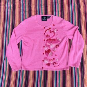 Micheal Simon Vibrant Pink Patches Hearts Valentine Wacky Cardigan